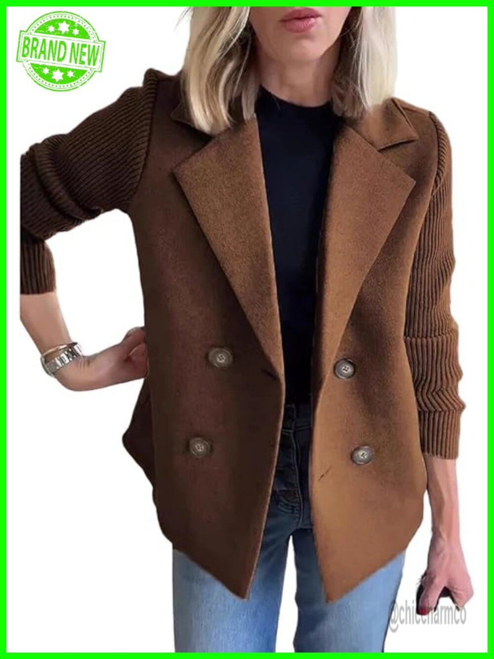 Cropped Wool Blend Coat Fall Knit Sweater Blazer Double Breasted Pea Coat
